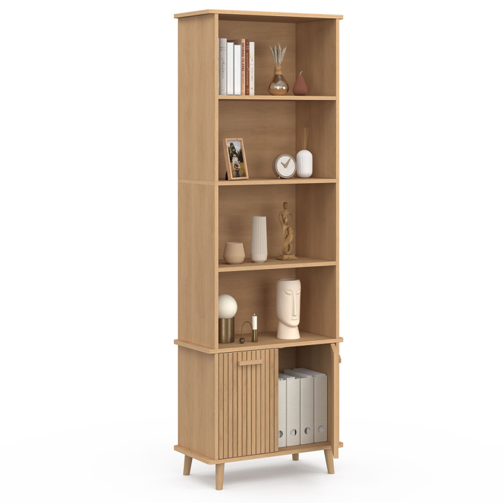 Etagère bibliothèque 5 niveaux avec placard JULIETTE effet lattes Etagère bibliothèque 5 niveaux avec placard JULIETTE effet lattes