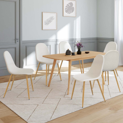 16667 - Set di 6 sedie scandinave in tessuto riccio bianco con gambe in legno Lot de 6 chaises DARI en tissu bouclette pour salle à manger