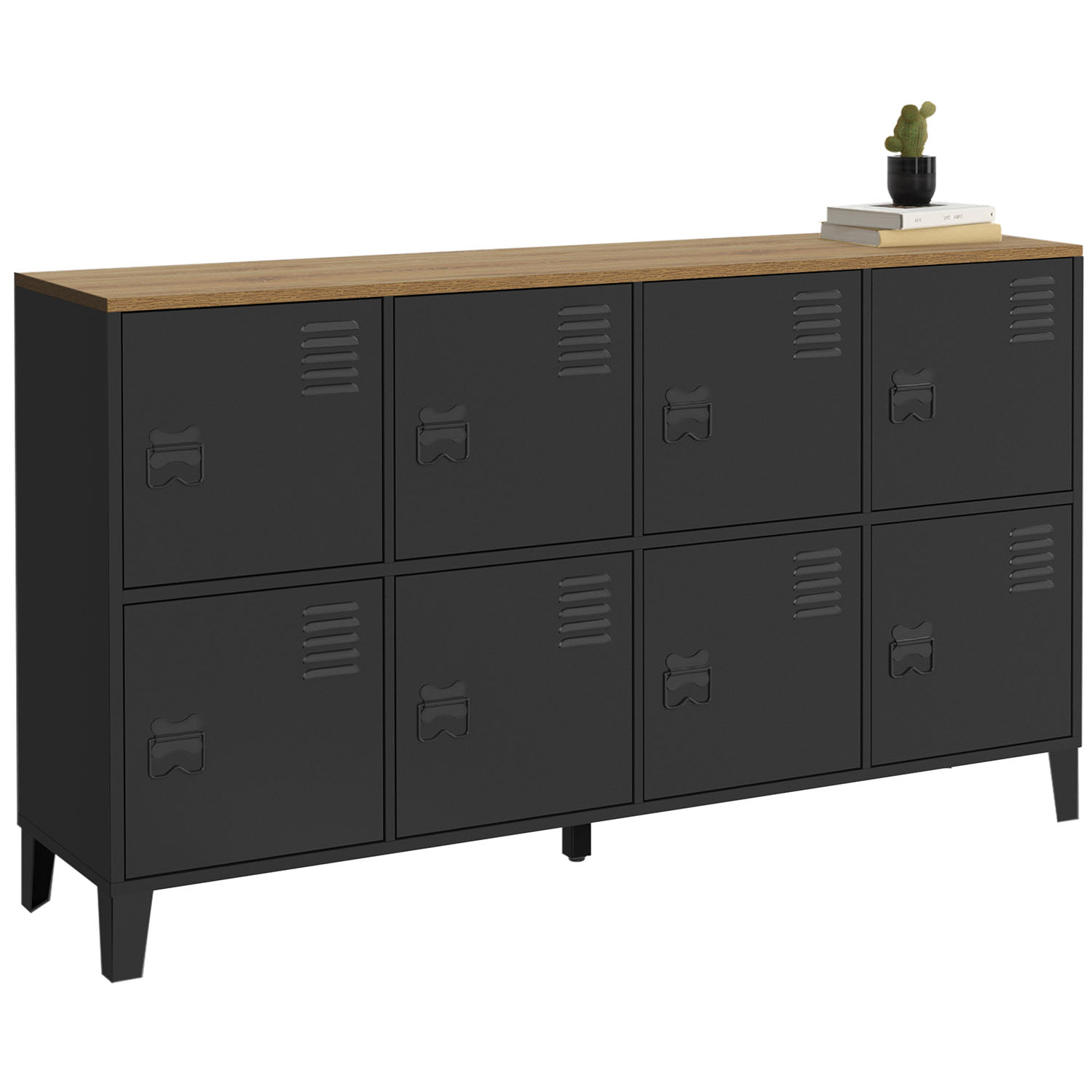 Buffet industriel casier 139 cm avec 8 portes en métal noir et plateau bois