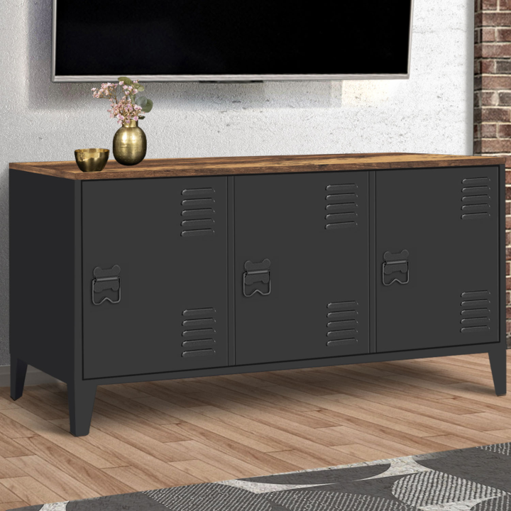 Buffet bas 113 cm ESTER 3 portes métal noir plateau bois foncé effet vieilli HAWKINS design industriel Buffet bas 113 cm ESTER 3 portes métal noir plateau bois foncé effet vieilli HAWKINS design industriel