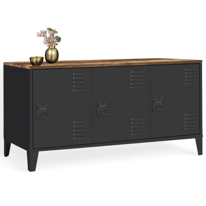 Buffet bas 113 cm ESTER 3 portes métal noir plateau bois foncé effet vieilli HAWKINS design industriel Buffet bas 113 cm ESTER 3 portes métal noir plateau bois foncé effet vieilli HAWKINS design industriel