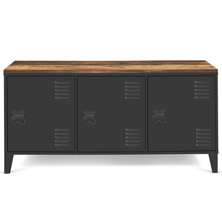 Buffet bas 113 cm ESTER 3 portes métal noir plateau bois foncé effet vieilli HAWKINS design industriel Buffet bas 113 cm ESTER 3 portes métal noir plateau bois foncé effet vieilli HAWKINS design industriel
