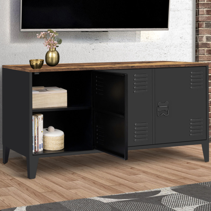 Buffet bas 113 cm ESTER 3 portes métal noir plateau bois foncé effet vieilli HAWKINS design industriel Buffet bas 113 cm ESTER 3 portes métal noir plateau bois foncé effet vieilli HAWKINS design industriel