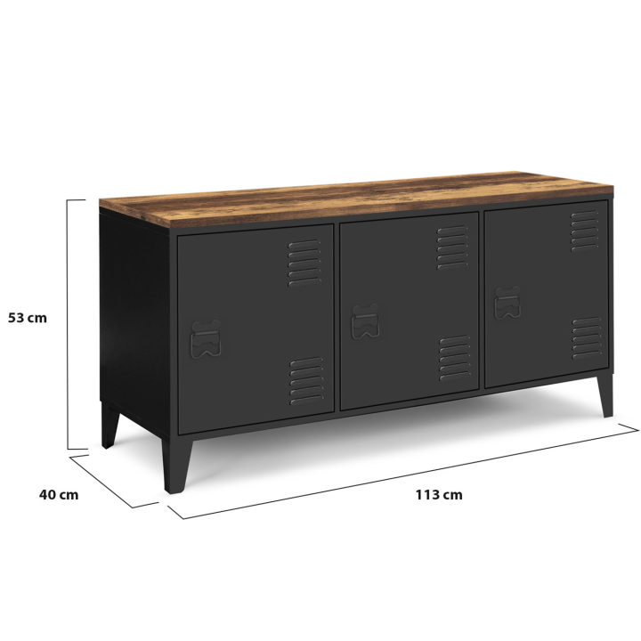 Buffet bas 113 cm ESTER 3 portes métal noir plateau bois foncé effet vieilli HAWKINS design industriel Buffet bas 113 cm ESTER 3 portes métal noir plateau bois foncé effet vieilli HAWKINS design industriel