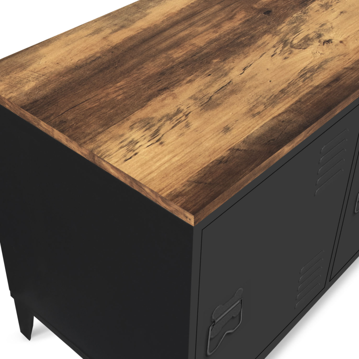 Buffet bas 113 cm ESTER 3 portes métal noir plateau bois foncé effet vieilli HAWKINS design industriel Buffet bas 113 cm ESTER 3 portes métal noir plateau bois foncé effet vieilli HAWKINS design industriel