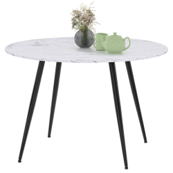 16634 - Tavolo da cucina rotondo effetto marmo bianco per 4-6 persone 110cm Table à manger ronde AMELIA 4-6 personnes effet marbre blanc ALASKA et pieds métal noir 110 cm