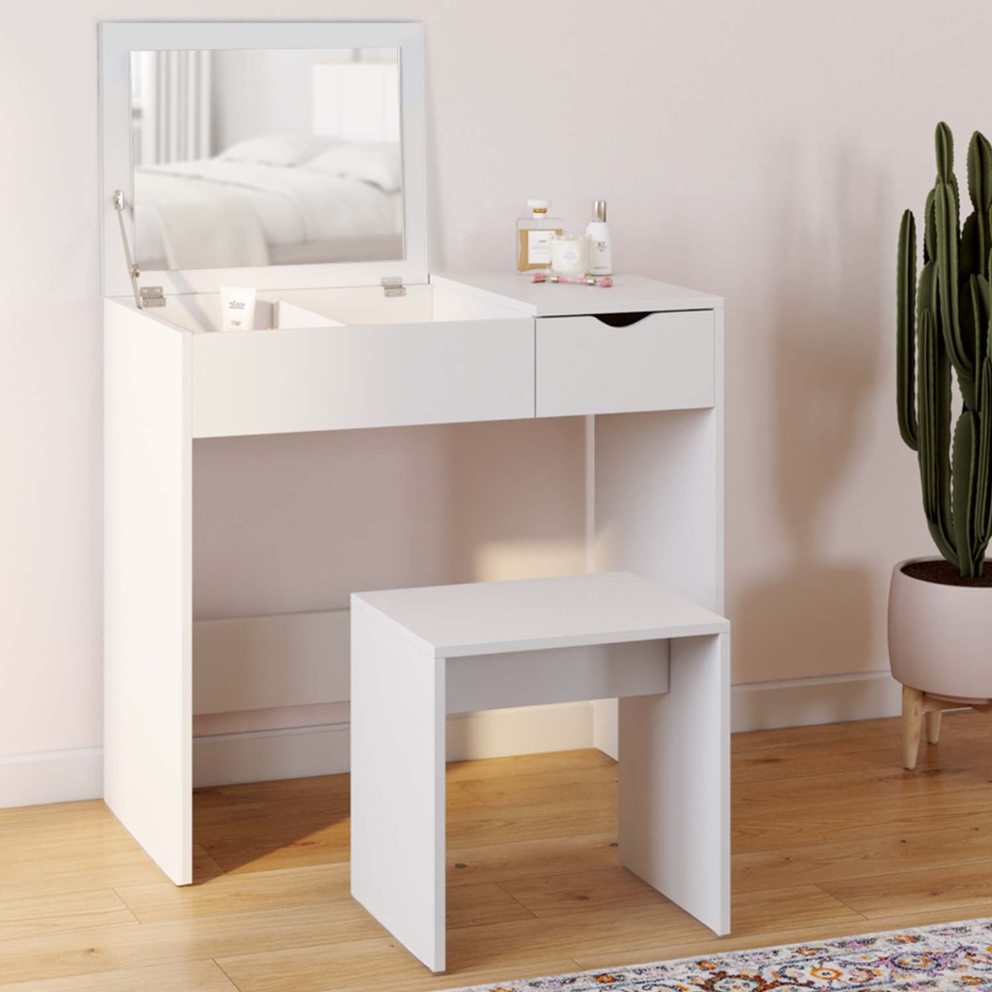 Coiffeuse avec miroir relevable et 2 tiroirs - L120 x H76/116,6 x P50 cm
