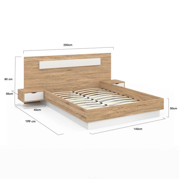 Lit double SANTA avec tables de chevets intégrées et sommier 140x190cm bois et blanc Lit double SANTA avec tables de chevets intégrées et sommier 140x190cm bois et blanc