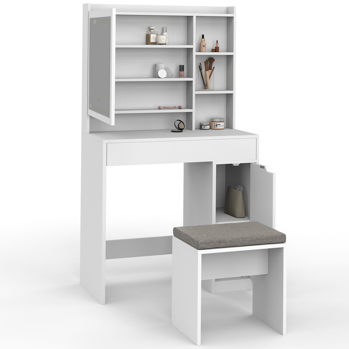 Coiffeuse Blanche, avec Miroir LED rétractable Réglable 3 couleurs, 2