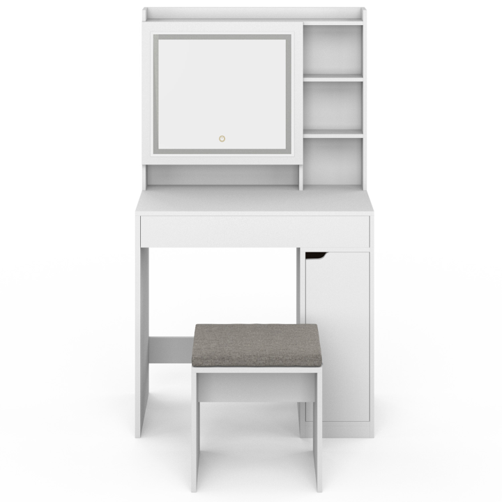 Coiffeuse ZELIA blanche miroir LED avec rangement, 1 tiroir, 1 caisson de rangement et tabouret rembourré Coiffeuse ZELIA blanche miroir LED avec rangement, 1 tiroir, 1 caisson de rangement et tabouret rembourré