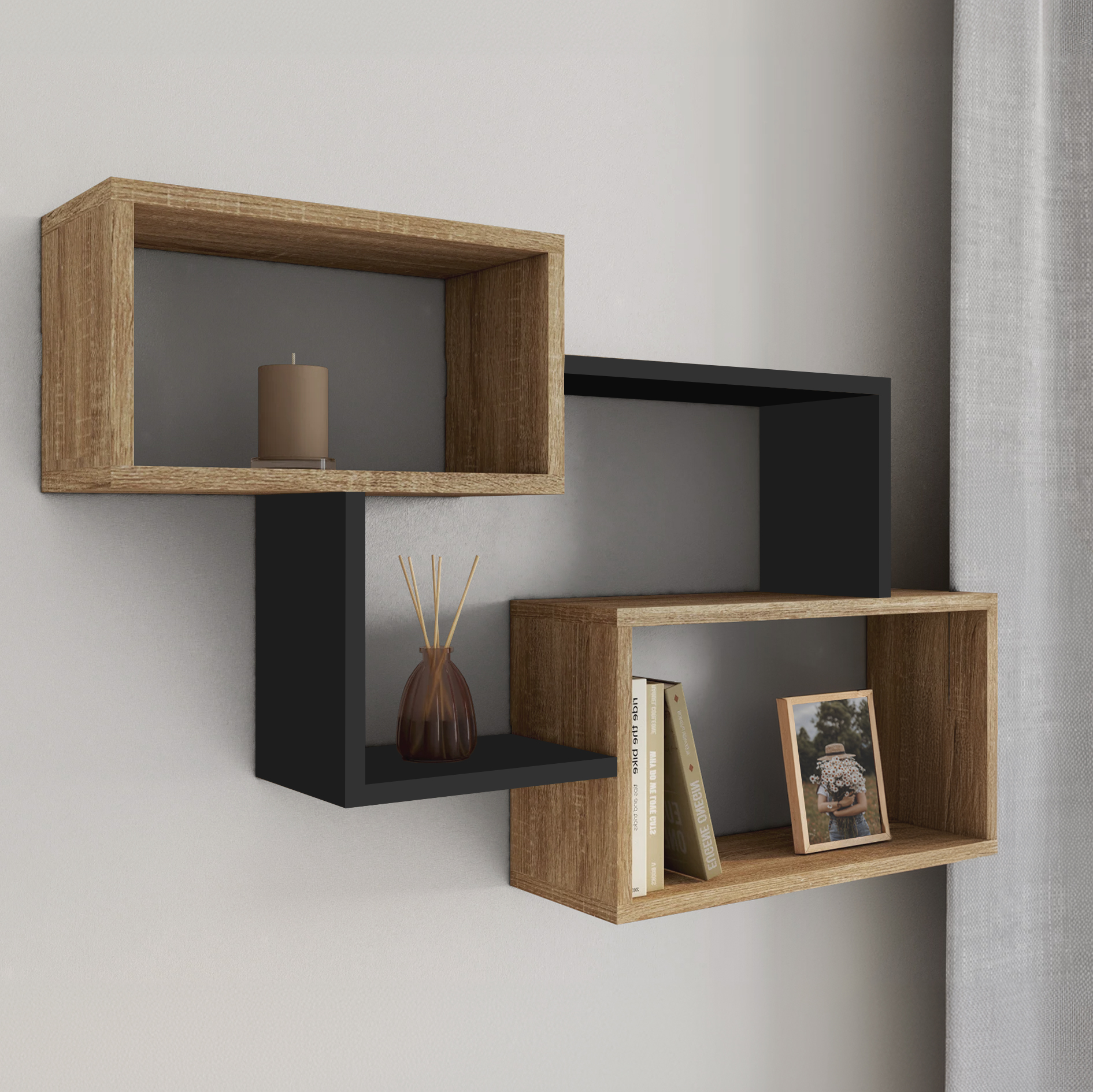 Étagère murale bois façon hêtre et noir double position