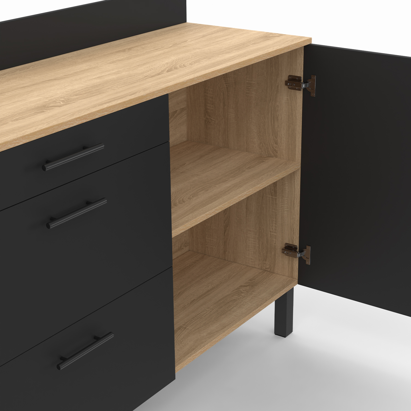 Buffet de cuisine 80 CM CINA 4 portes tiroir noir et façon hêtre