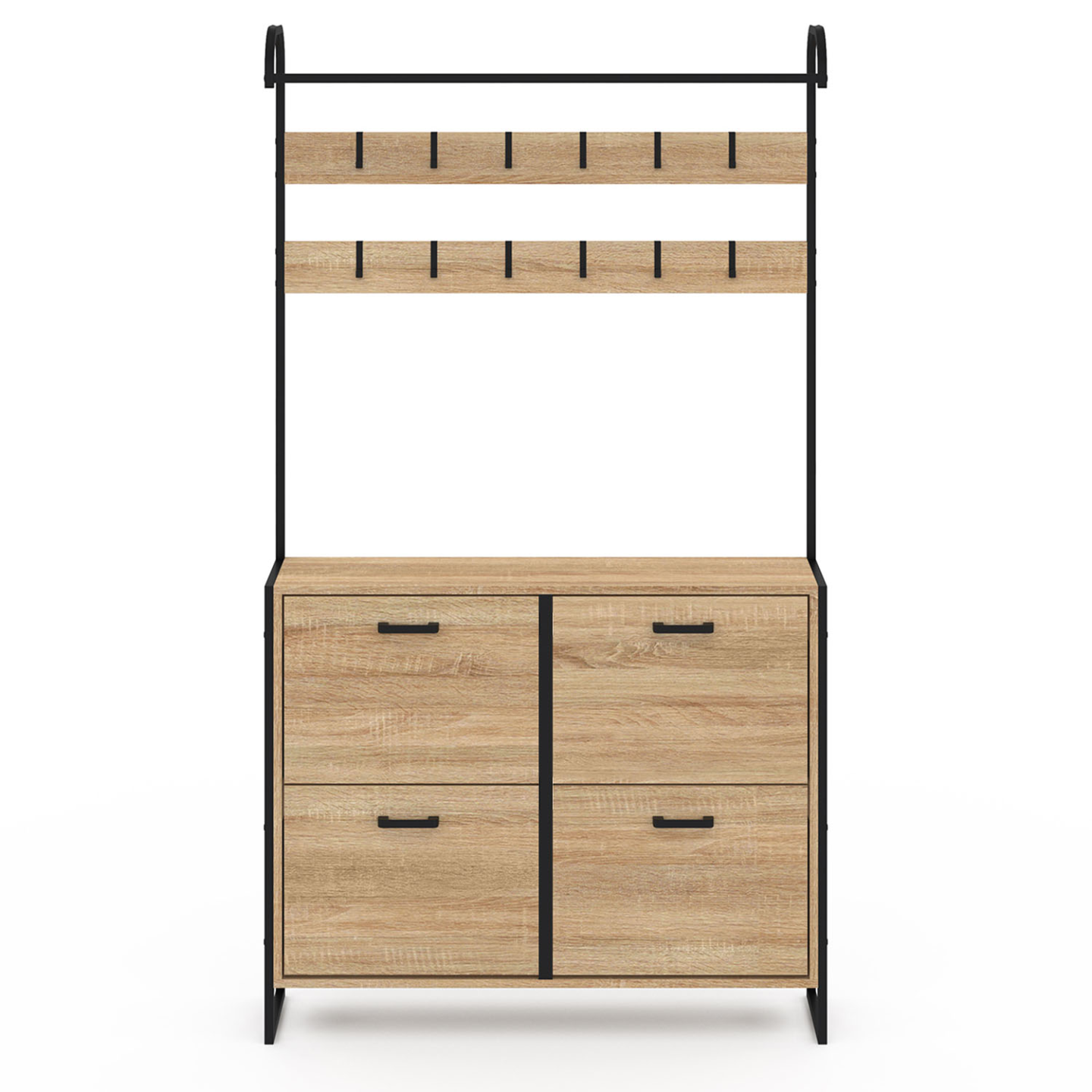 Vestiaire D'entrée LUIS - 4 Portes + 12 Patères - Rangement Jusqu'à 24 Paires De Chaussures - Design Industriel Bois/métal - 100x23,5x180 Cm