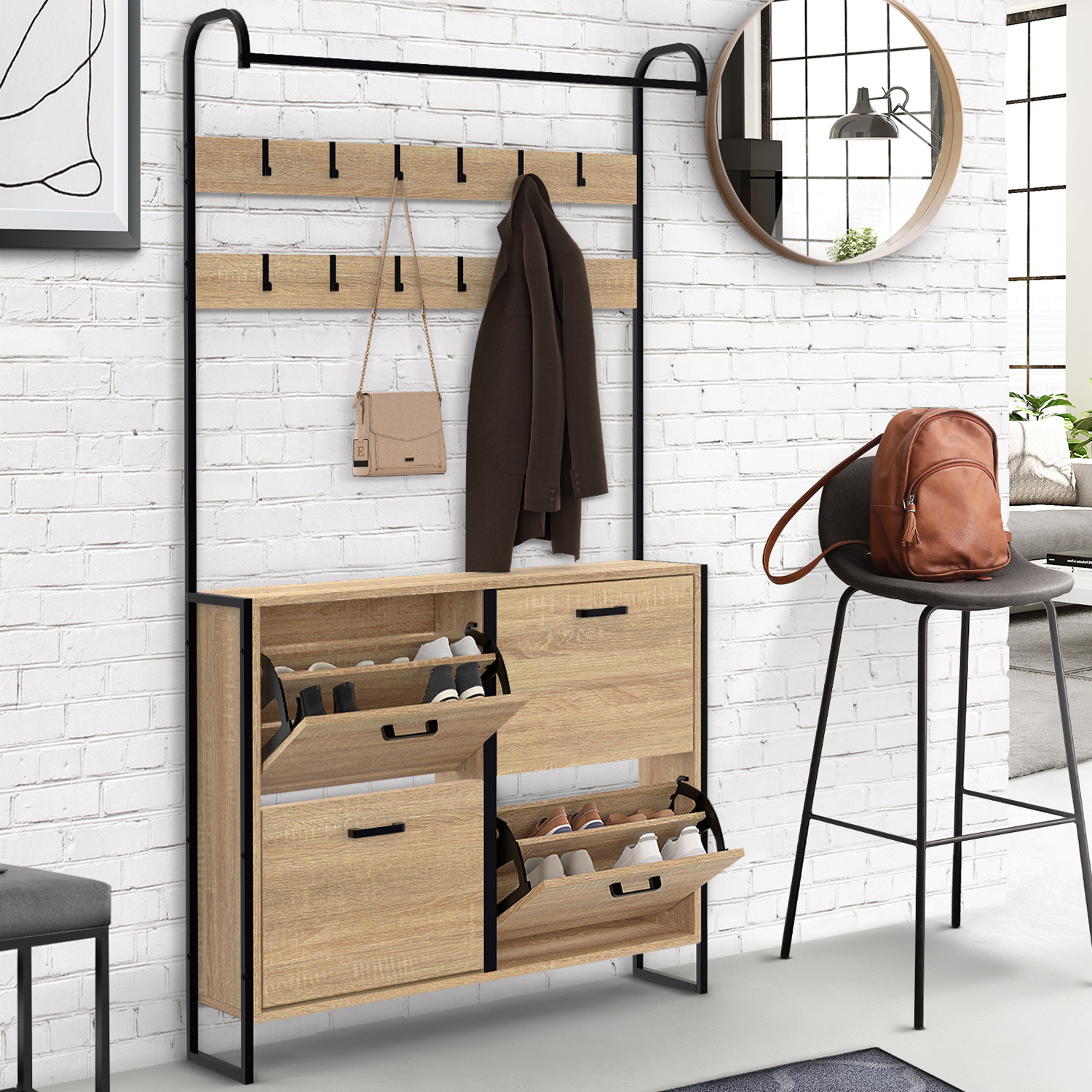 Vestiaire d'entrée industriel avec 12 accroches et 4 placards range chaussures