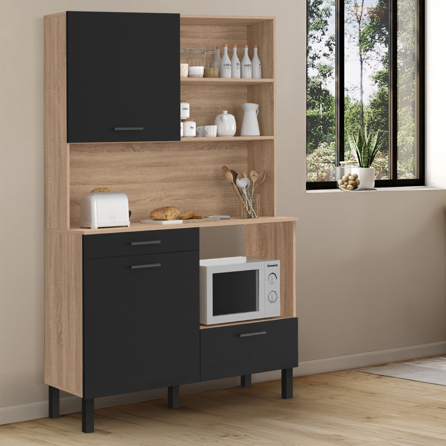 Mobile TV TOMI 140 Cm - 3 Ante In Legno Faggio E Nero, Con Nicchie E Fori Passacavo, Per Soggiorno