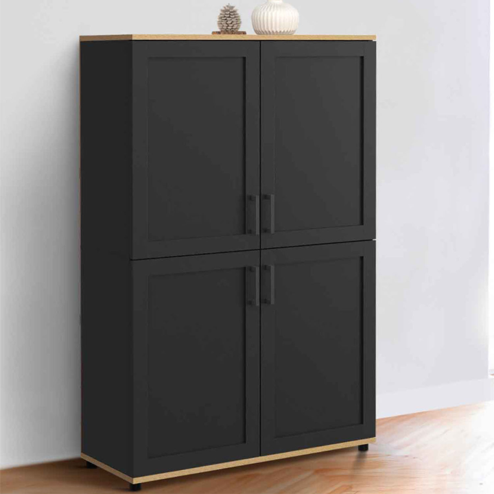 Hoge kast 125 cm met 4 zwarte en houten deuren - VITO | ID Market