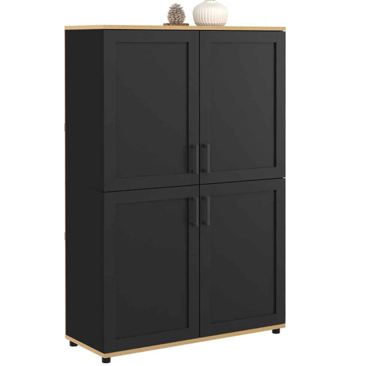 Hoge kast 125 cm met 4 zwarte en houten deuren - VITO | ID Market
