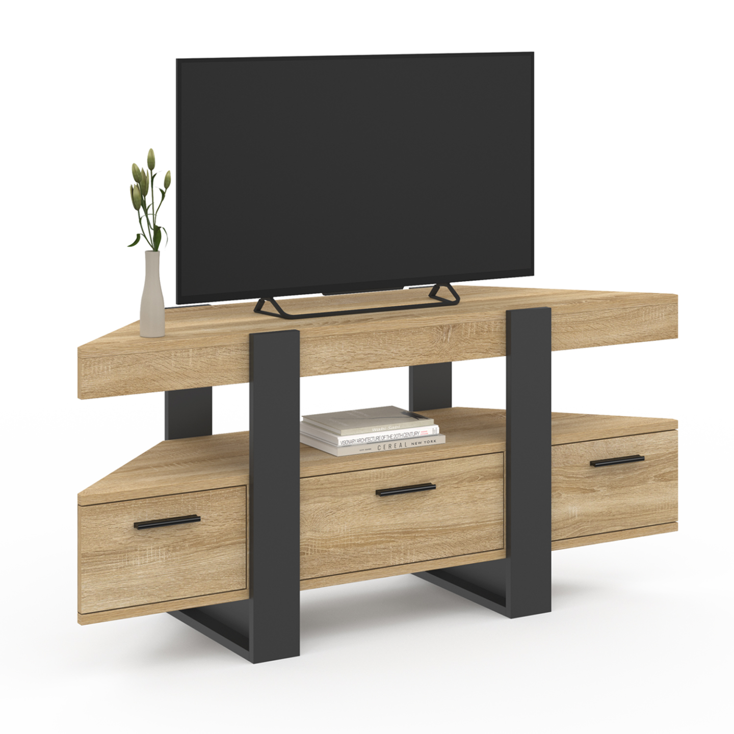 Meuble TV 200 Cm Phoenix - Bois Et Noir - 2 Portes, 2 Tiroirs, 2 Niches - Style Industriel - À Monter