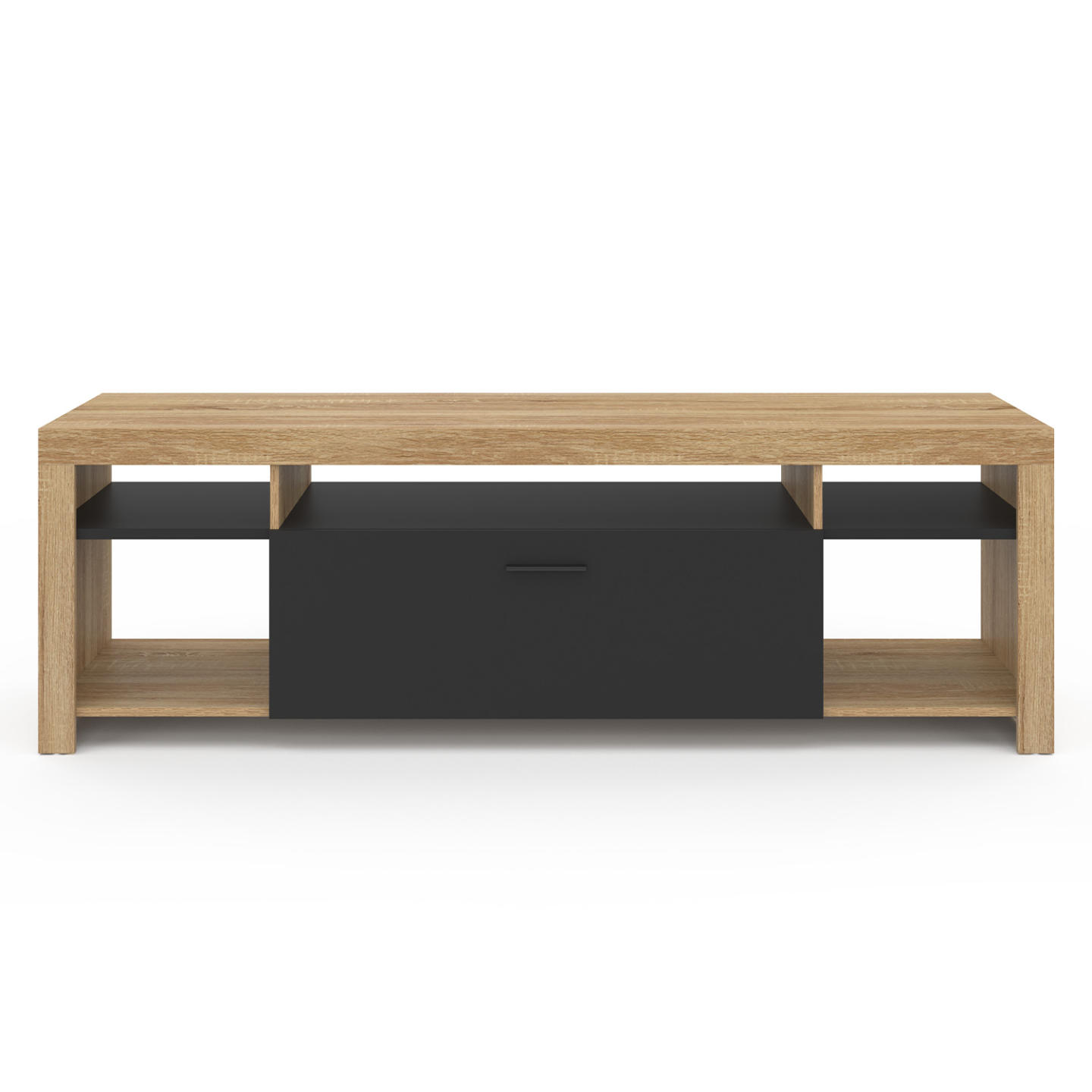 Meuble TV MALO 180 Cm - Design Bois Et Noir - 2 Placards + 4 Niches - Plateau Pour écran Jusqu'à 70 Pouces - À Monter Soi-même - 2