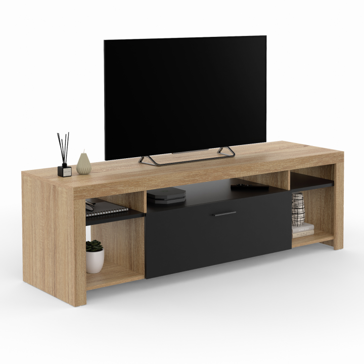 Meuble TV 140 cm MALO bois et placard noir Meuble TV 140 cm MALO bois et placard noir