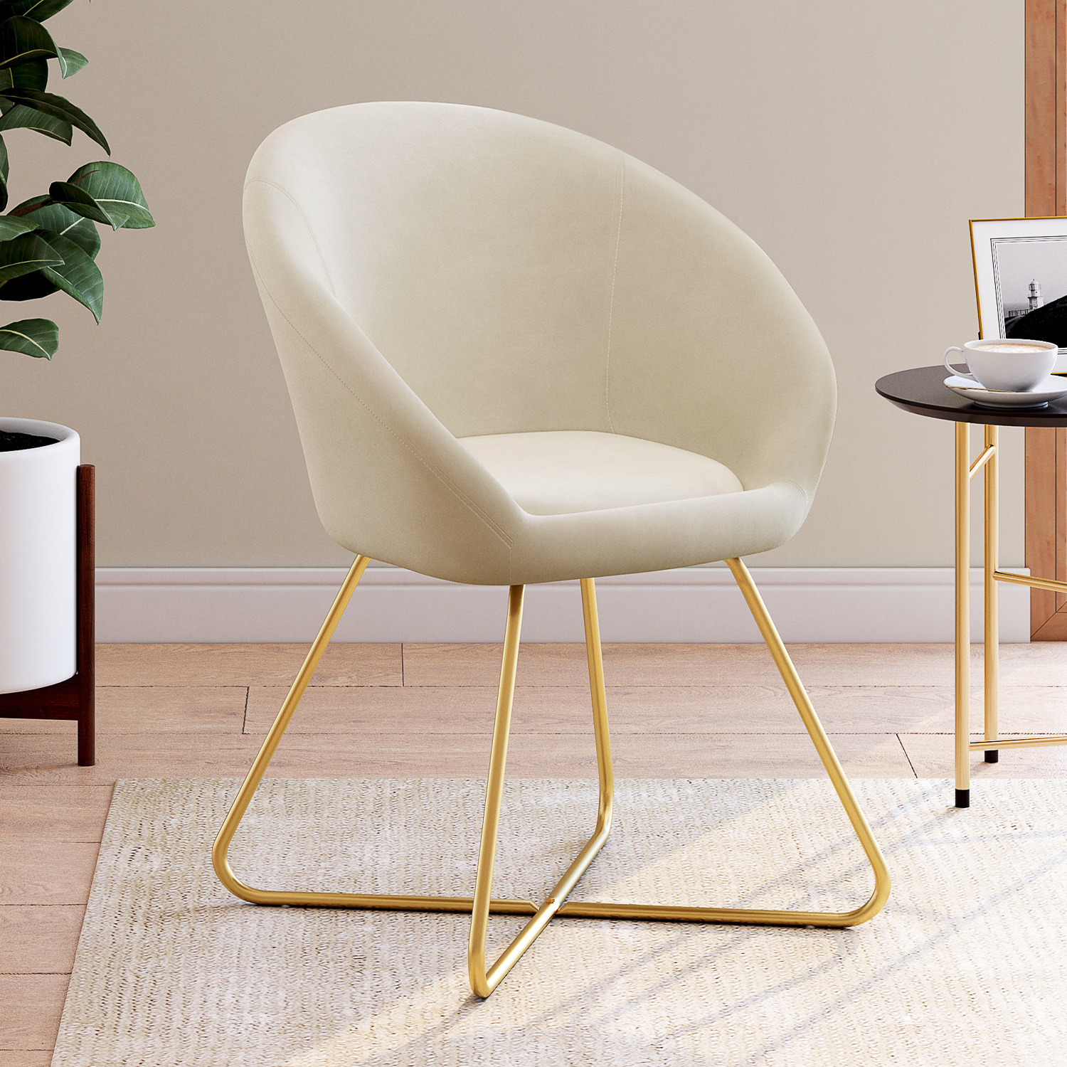 Fauteuil rond en velours beige moderne avec pieds croisés dorés