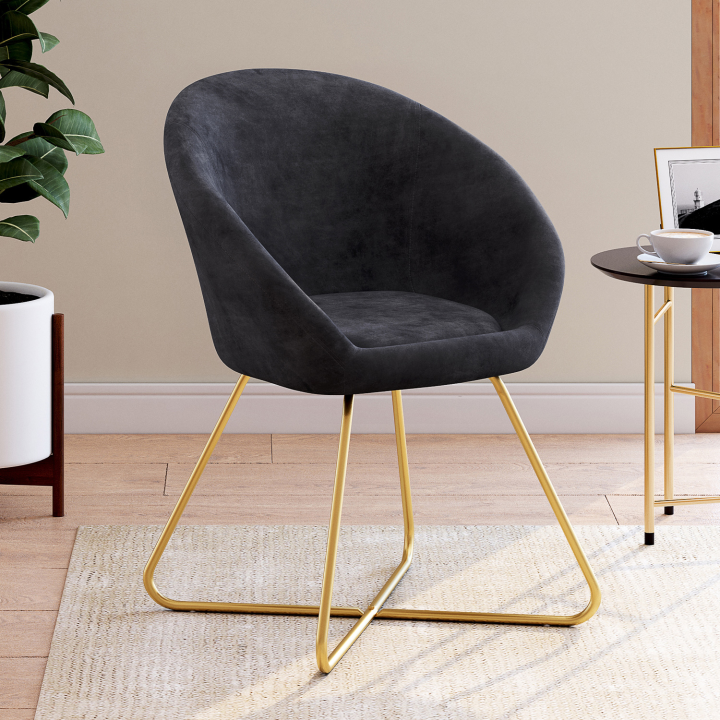 Fauteuil forme oeuf ANGELINA gris en velours pieds croisés dorés Fauteuil forme oeuf ANGELINA gris en velours pieds croisés dorés