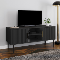 16608 - Porta TV in legno, nero, 110 cm, 2 ante a doghe Meuble TV 110 cm MARCEL noir 2 portes effet lattes