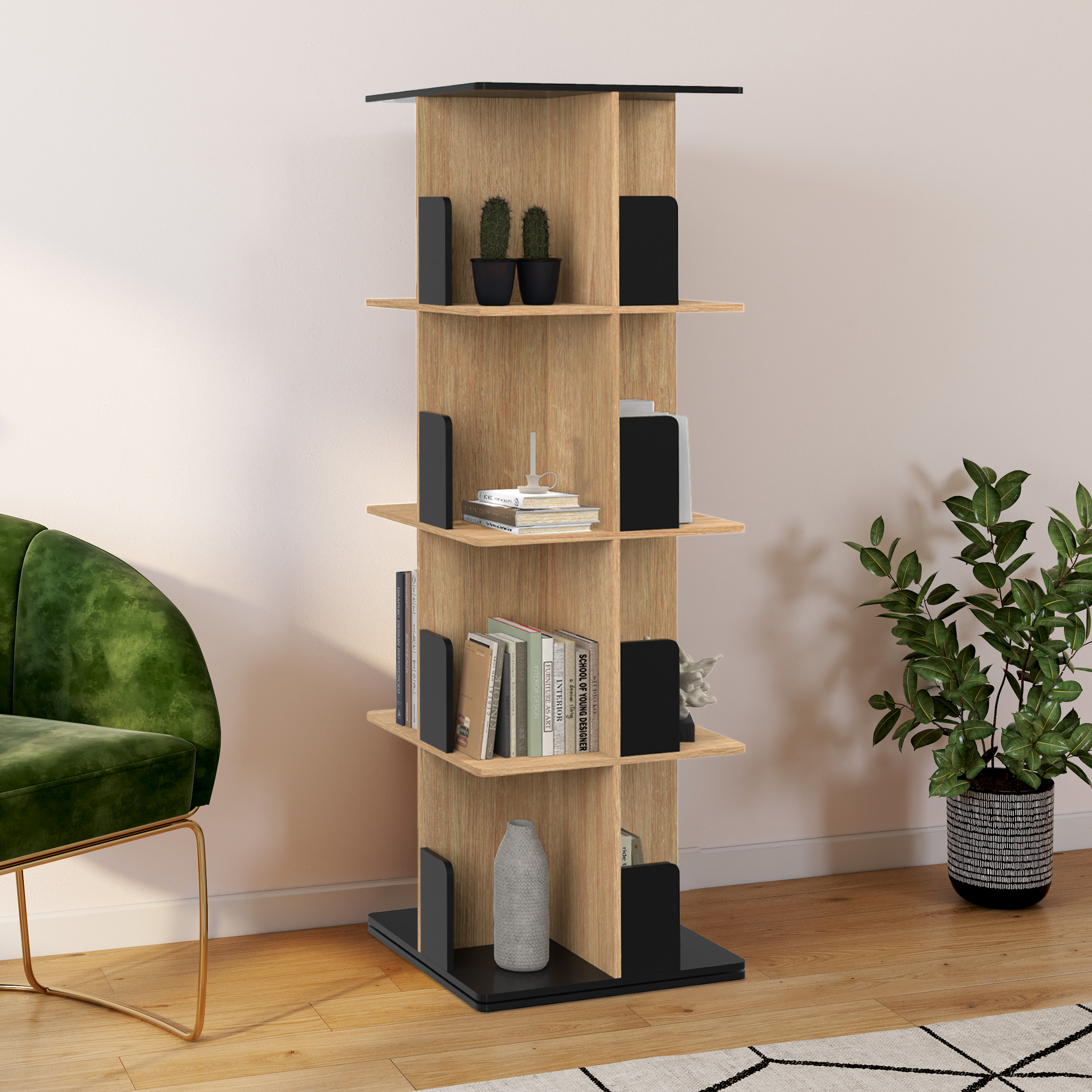 Bibliothèque rotative 4 niveaux noir et effet bois