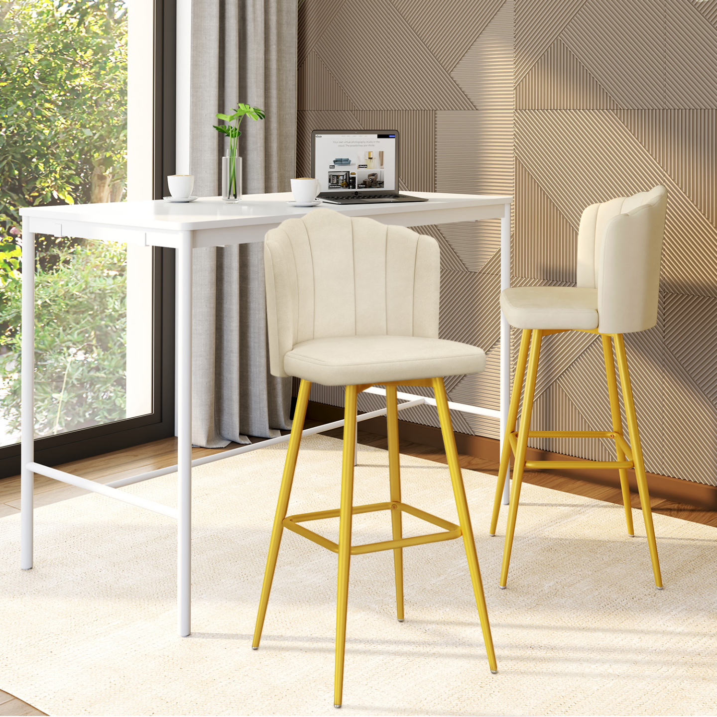 Set di sgabelli da bar in velluto crema con gambe dorate