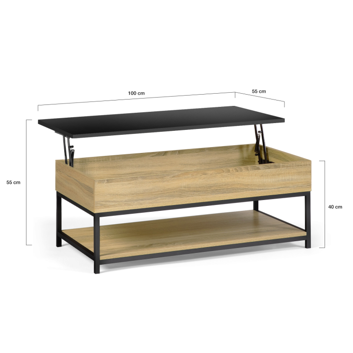 Table basse plateau relevable intégral rectangulaire BOSTON et étagère inférieure design industriel