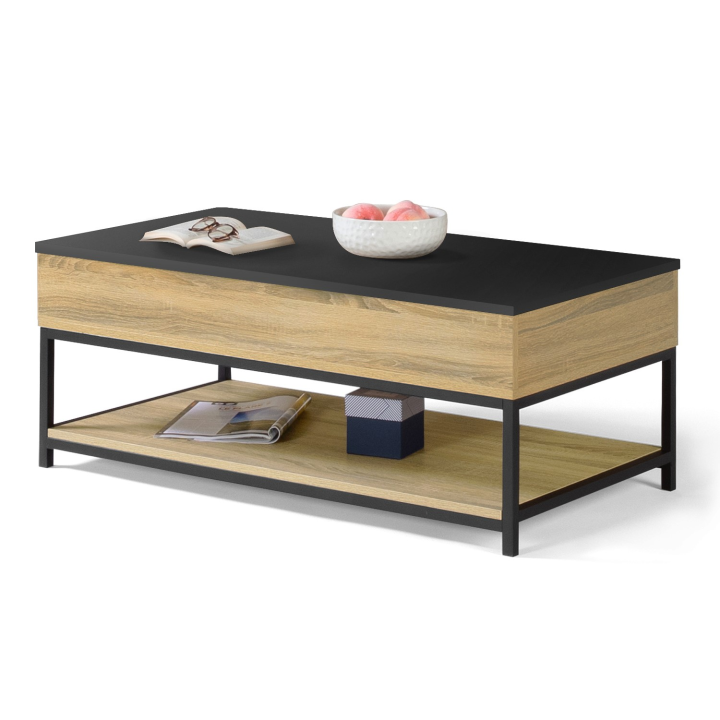 Table basse plateau relevable intégral rectangulaire BOSTON et étagère inférieure design industriel