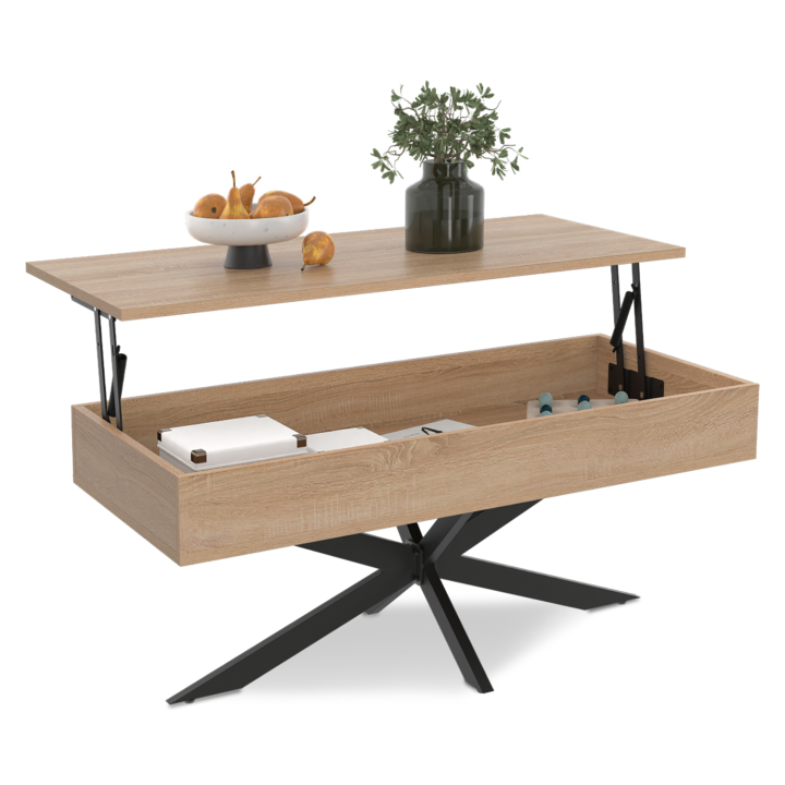 Table basse rectangulaire ALIX 100 cm plateau relevable pied araignée bois et noir Table basse rectangulaire ALIX 100 cm plateau relevable pied araignée bois et noir