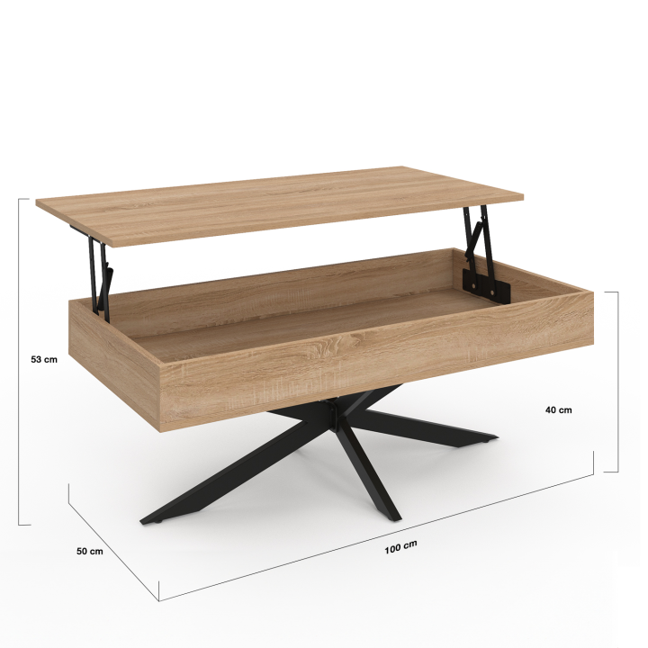 Table basse rectangulaire ALIX 100 cm plateau relevable pied araignée bois et noir Table basse rectangulaire ALIX 100 cm plateau relevable pied araignée bois et noir