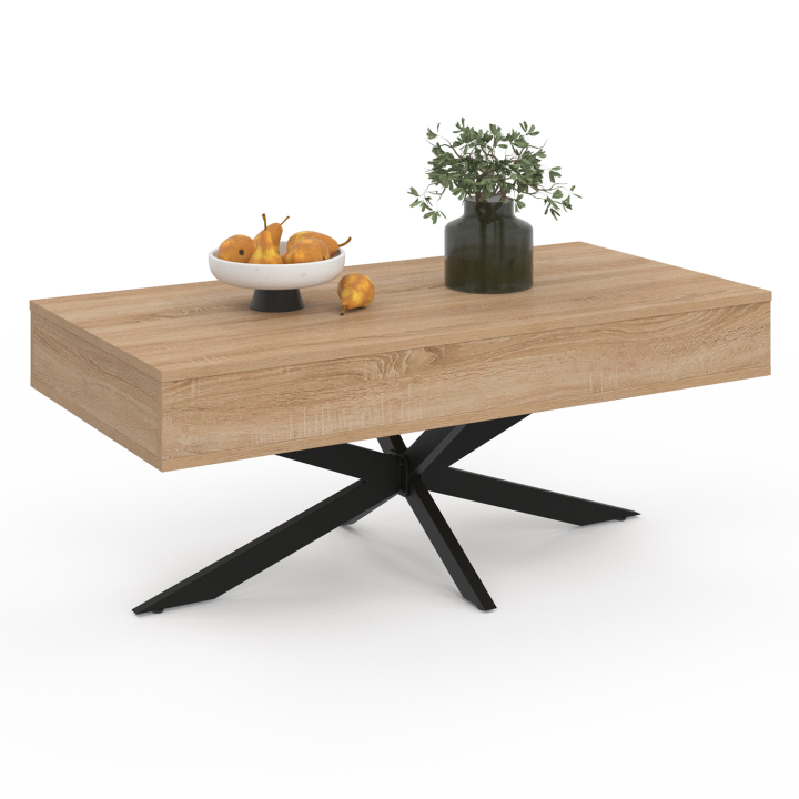 Table basse rectangulaire ALIX 100 cm plateau relevable pied araignée bois et noir Table basse rectangulaire ALIX 100 cm plateau relevable pied araignée bois et noir
