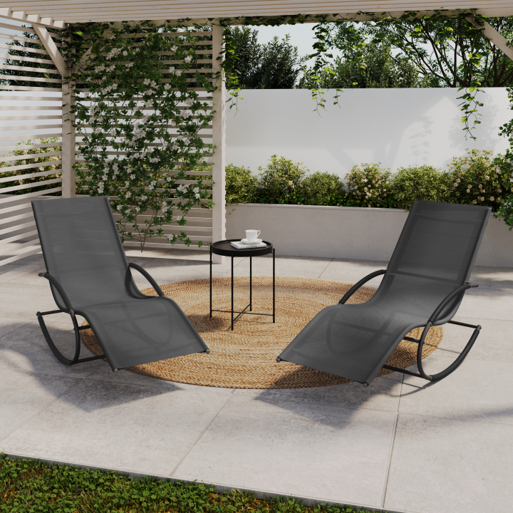 Lot de 2 chaises longues - transat de jardin à bascule MALAWI gris anthracite et toile grise