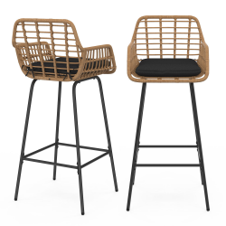 16691 - Lot de 2 tabourets de bar avec accoudoirs effet rotin beige pieds métal noir Lot de 2 tabourets de bar SUMMER effet rotin beige pied metal noir avec accoudoirs