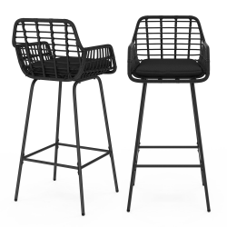 16692 - Set di 2 sgabelli da bar con braccioli neri effetto rattan e gambe in metallo nero Lot de 2 tabourets de bar SUMMER effet rotin noir pied metal noir avec accoudoirs
