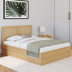 16255 - Letto matrimoniale a cassettone con testiera in canna Lit coffre double EDHEN avec tête de lit cannage et sommier 140 x 190 cm coloris bois