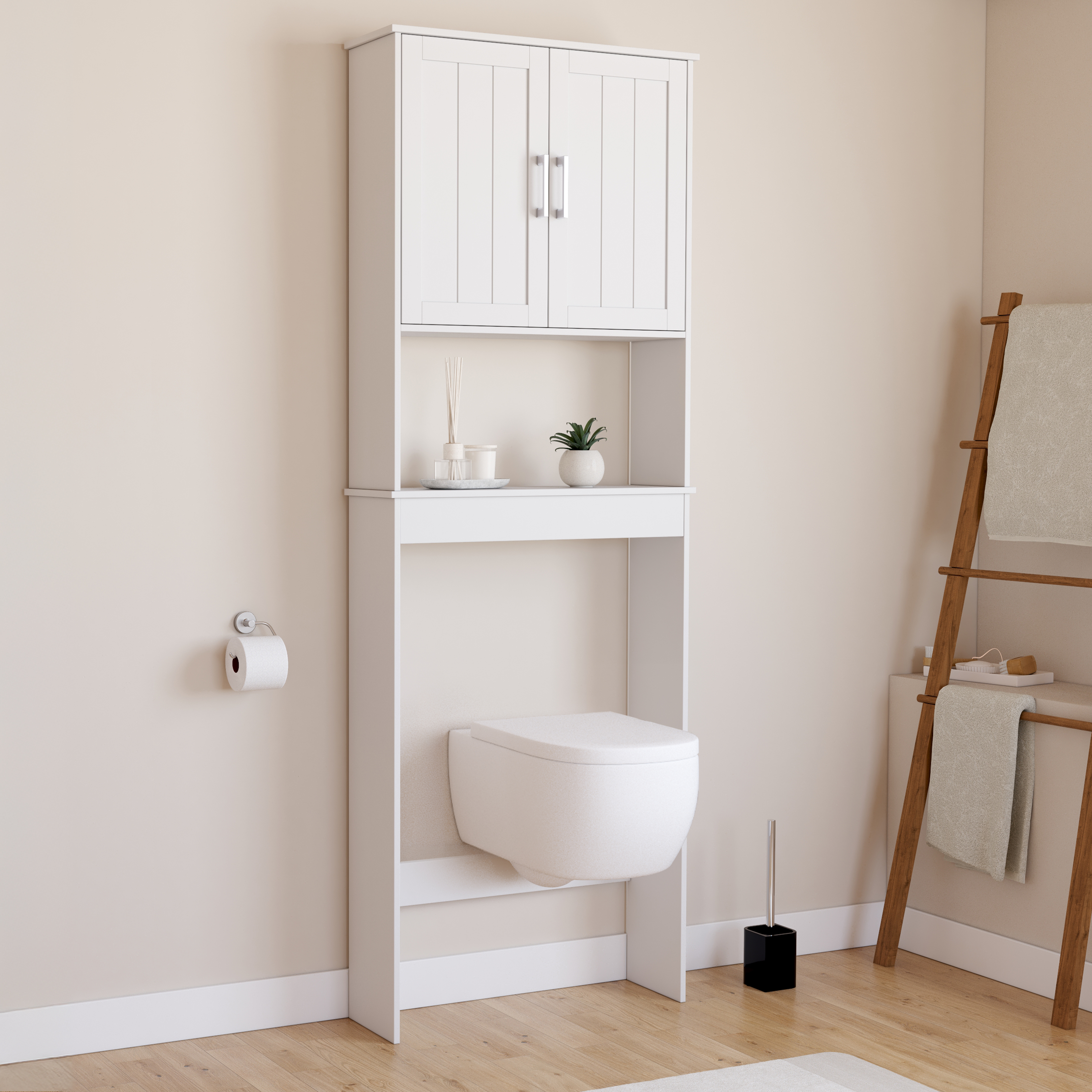 Meuble pour les toilettes avec étagère et placard double blanc