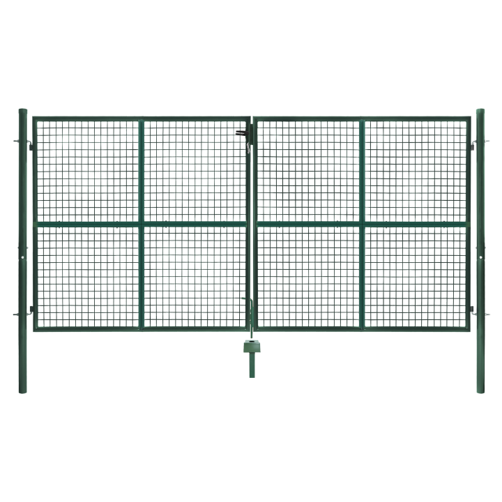 Portail de clôture grillagé 300 x 150 cm en acier vert avec serrure et poignée Portail de clôture grillagé 300 x 150 cm en acier vert avec serrure et poignée