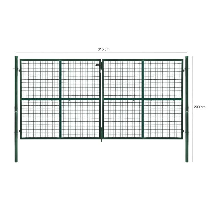 Portillon de jardin double porte 300 x 150 cm en acier vert avec serrure et poignée Portillon de jardin double porte 300 x 150 cm en acier vert avec serrure et poignée