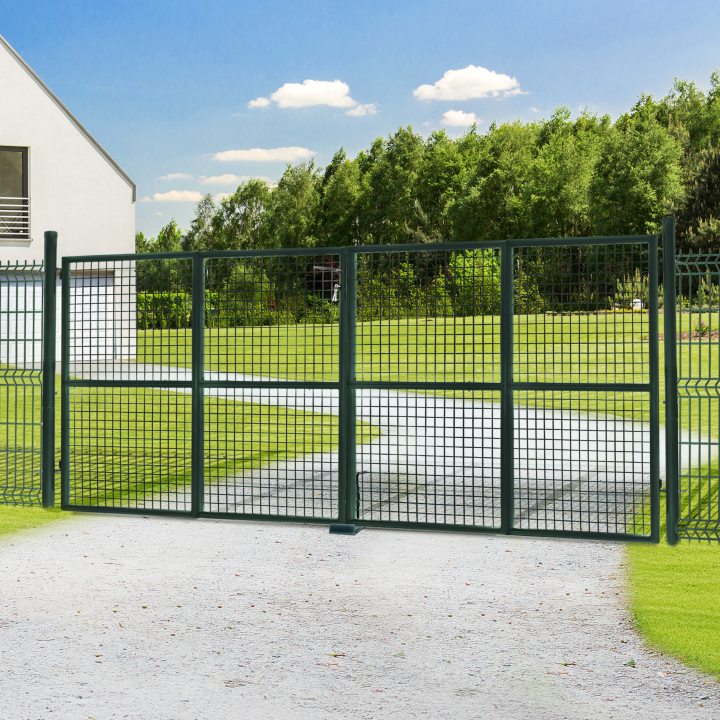 Portillon de jardin double porte 300 x 150 cm en acier vert avec serrure et poignée Portillon de jardin double porte 300 x 150 cm en acier vert avec serrure et poignée