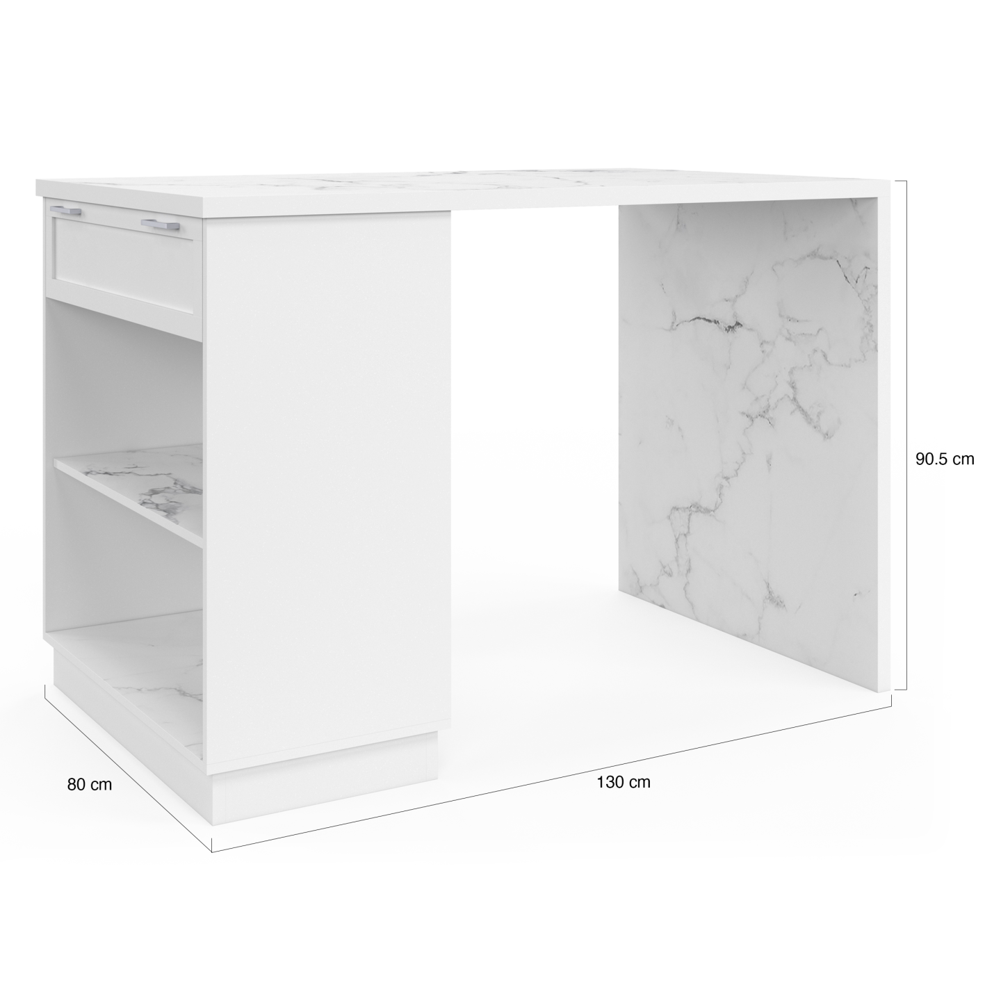Îlot Central Mange-Debout VITO 130cm - Blanc & Plateau Marbre - 4 Personnes - Avec Tiroir Et Étagères - IDMarket