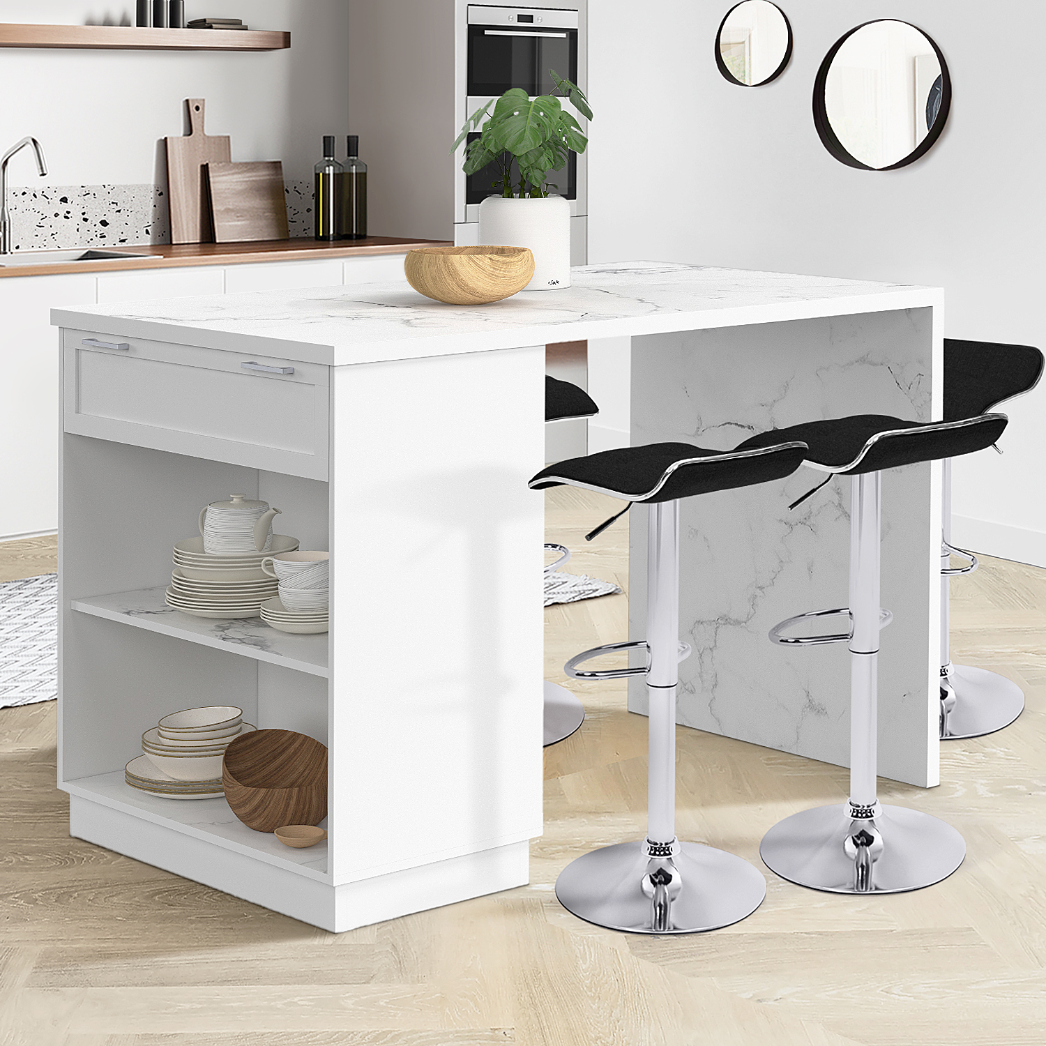 Mange-debout 4 personnes ilot central blanc et plateau marbre 130 cm