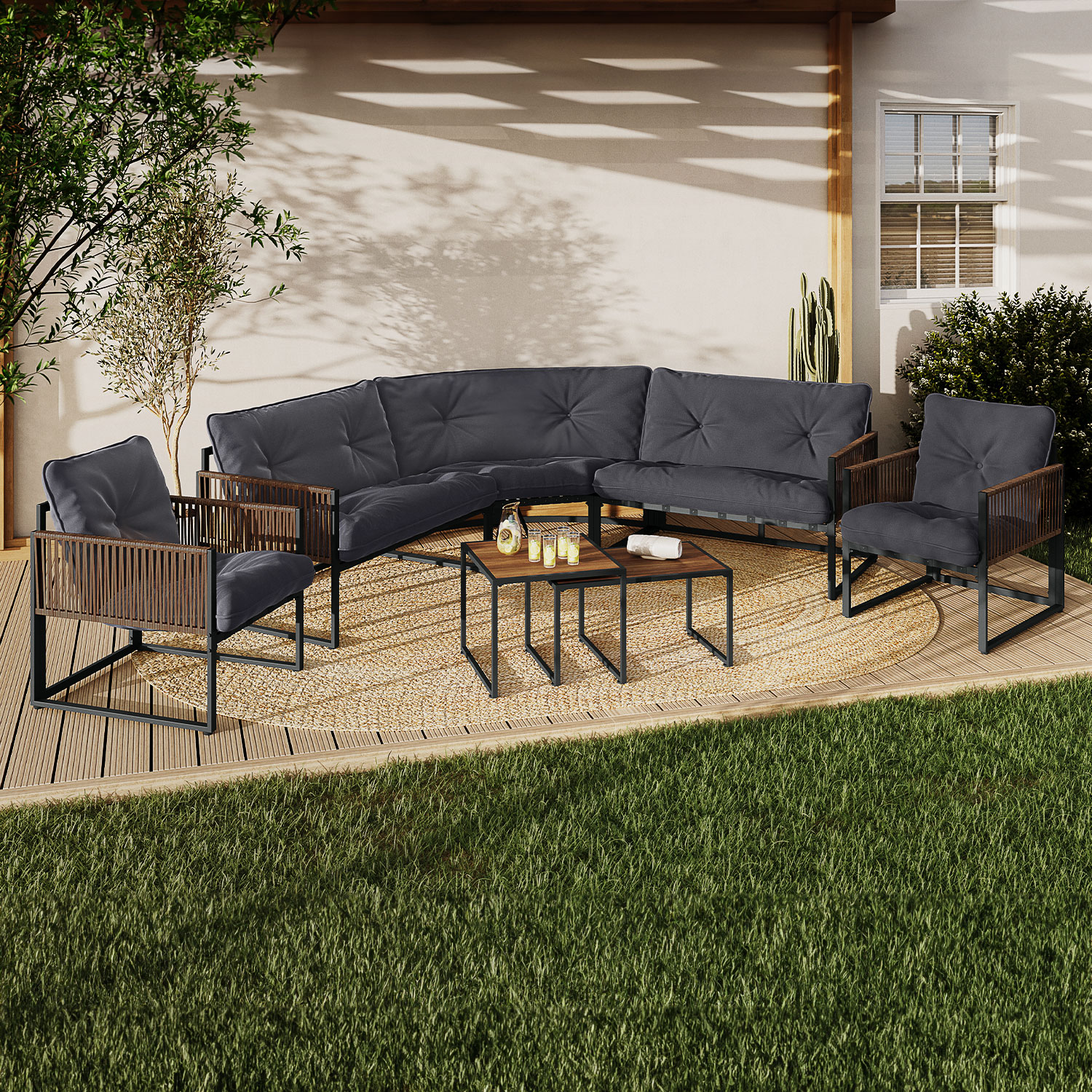 Salon de jardin bas 8 places canapé d'angle, fauteuils avec coussin gris et 2 tables basses