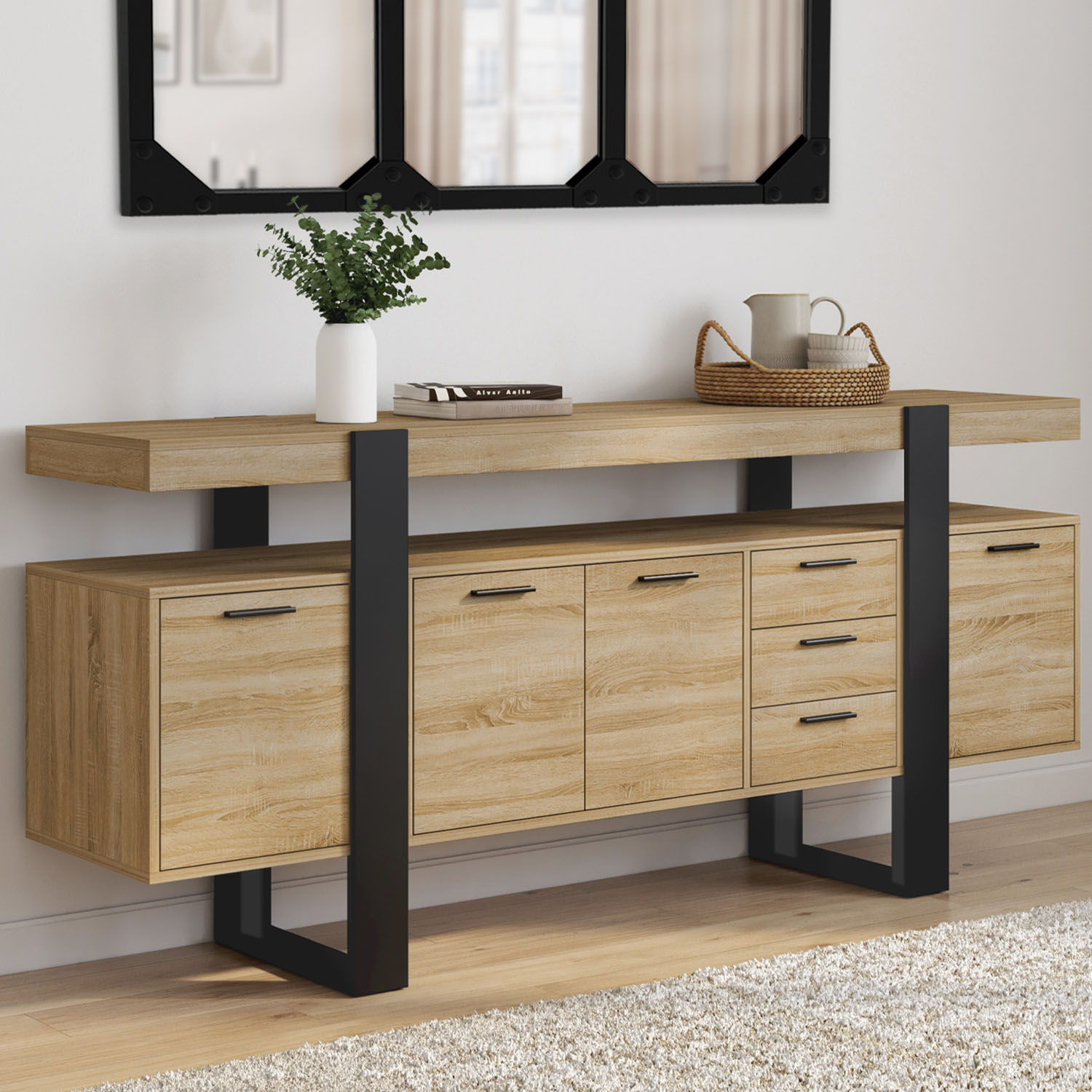 Buffet salon XXL 180 cm bois et noir 4 portes et 3 tiroirs