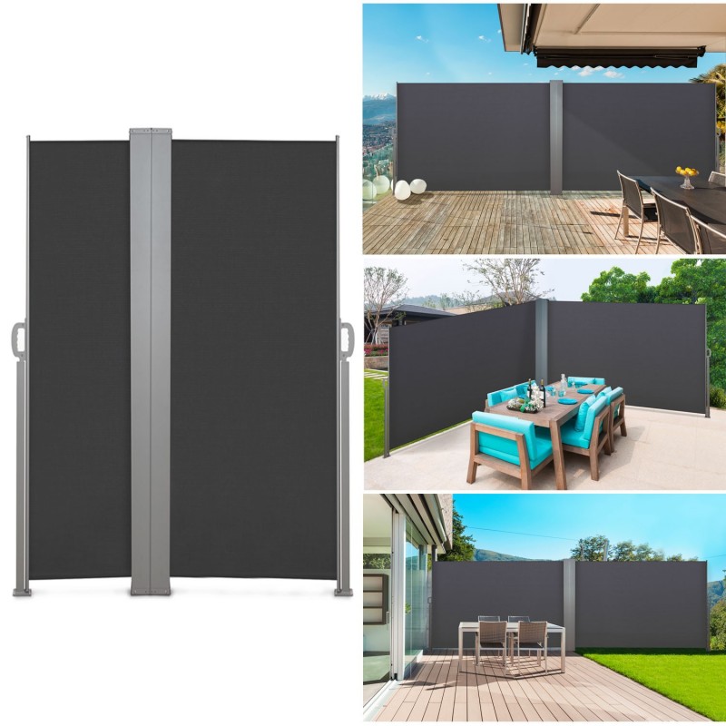 Paravent extérieur rétractable double 600x140 cm gris store vertica...