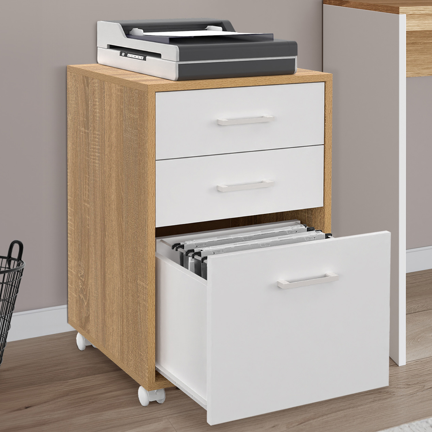 Caisson de bureau bois et blanc avec 3 tiroirs