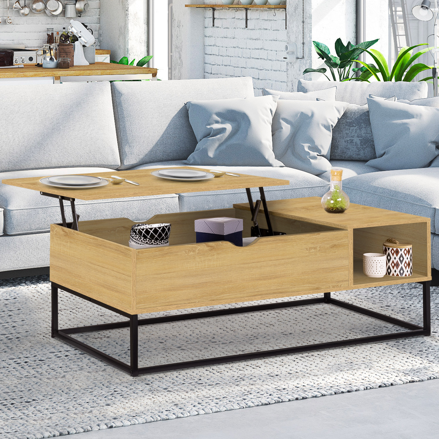 Table basse relevable bois et métal avec rangements