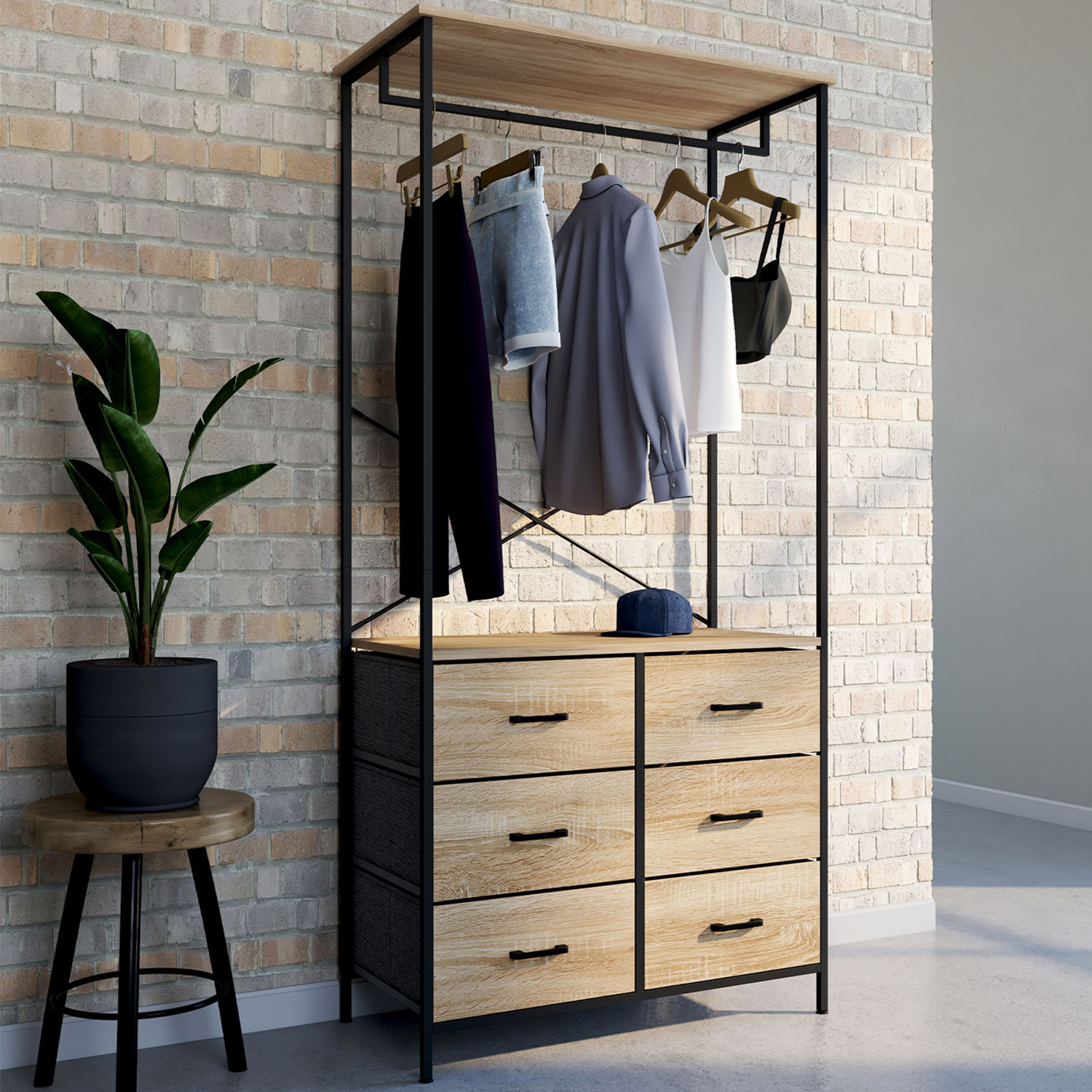 Dressing penderie industrielle avec 6 bacs en tissu bois et noir